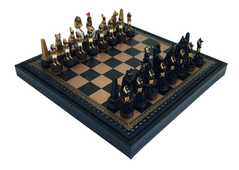 Egyptian Hand-Painted Chess Set, Faux Leather Board, Checkers & Backgammon
