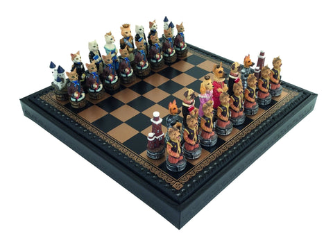Dogs vs Cats Hand-Painted Resin Chess Set, Faux Leather Board w/ Storage, Italy