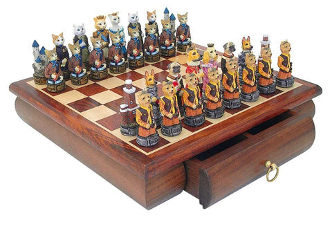 Italfama Cats vs Dogs Chess Set, Hand-Painted Resin, Mahogany Board w/ Drawer