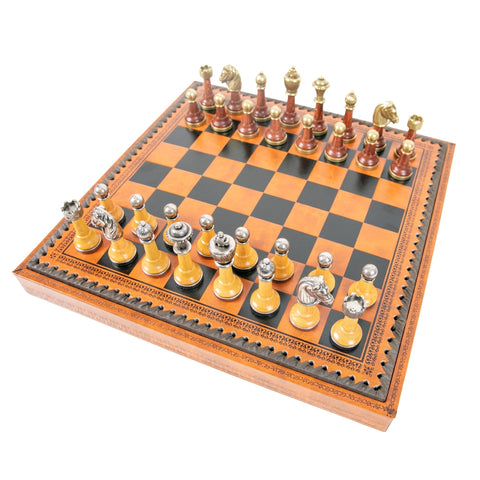 Italfama Metal/Wood Chess Set, Leatherette w/ Storage, Checkers & Backgammon