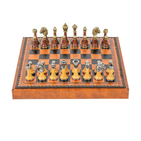 Italfama Metal/Wood Chess Set, Leatherette w/ Storage, Checkers & Backgammon