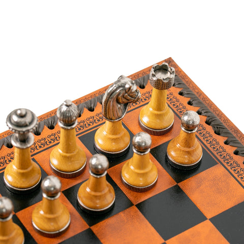 Italfama Metal/Wood Chess Set, Leatherette w/ Storage, Checkers & Backgammon
