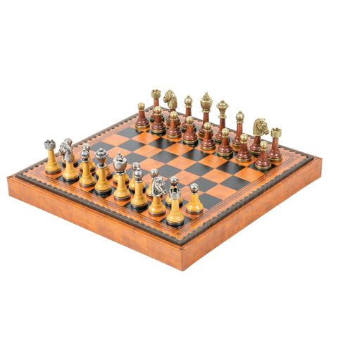 Italfama Metal/Wood Chess Set, Leatherette w/ Storage, Checkers & Backgammon