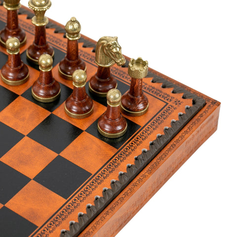 Italfama Metal/Wood Chess Set, Leatherette w/ Storage, Checkers & Backgammon