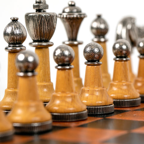 Italfama Metal/Wood Chess Set, Leatherette w/ Storage, Checkers & Backgammon