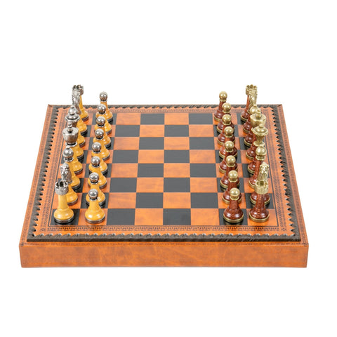 Italfama Metal/Wood Chess Set, Leatherette w/ Storage, Checkers & Backgammon