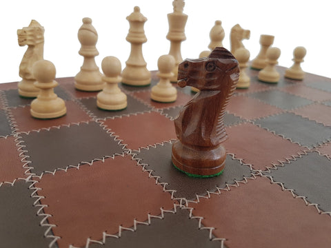 Wooden Chess Set, Genuine Leather Board, 42cm, 7.6cm King, Made in Italy