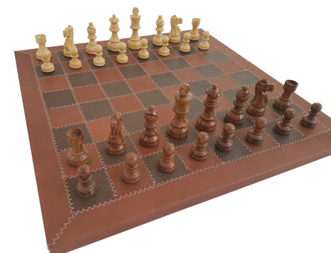 Wooden Chess Set, Genuine Leather Board, 42cm, 7.6cm King, Made in Italy