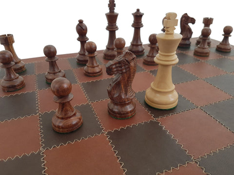 Italfama Italian Brass Chess Set, Genuine Leather Board 53 cm, King 10.2 cm