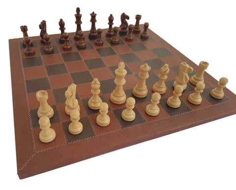 Italfama Italian Brass Chess Set, Genuine Leather Board 53 cm, King 10.2 cm