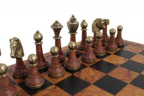 Italfama Chess Set, Metal & Wood Weighted Pieces, Faux Leather Board Antique Map