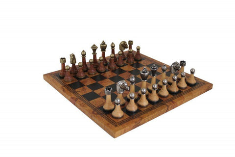 Italfama Chess Set, Metal & Wood Weighted Pieces, Faux Leather Board Antique Map