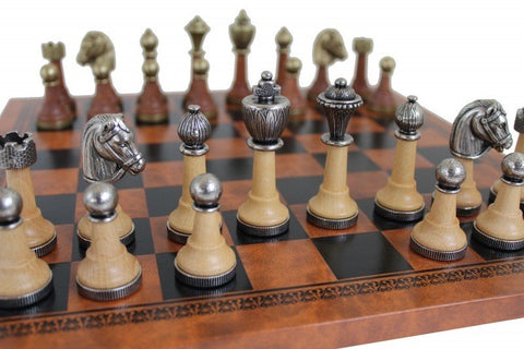 Italfama Made in Italy Chess Set Metal & Wood Pieces, Faux Leather Board 33cm