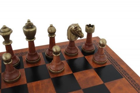 Italfama Made in Italy Chess Set Metal & Wood Pieces, Faux Leather Board 33cm
