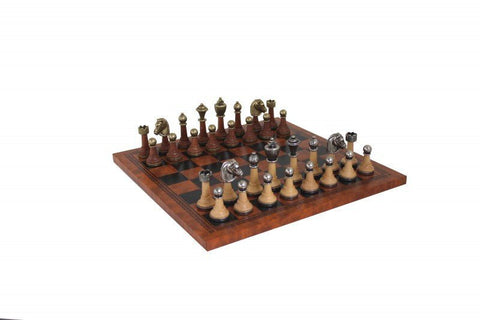 Italfama Made in Italy Chess Set Metal & Wood Pieces, Faux Leather Board 33cm