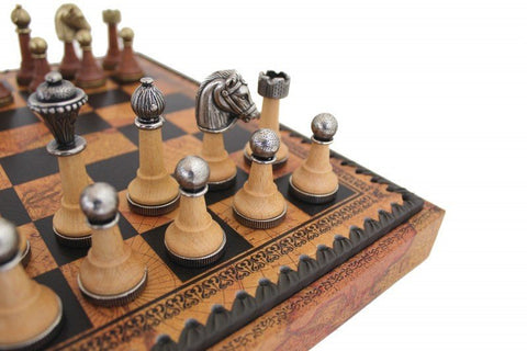 Italfama Chess, Checkers & Backgammon Set Metal/Wood, Faux Leather Board 35cm