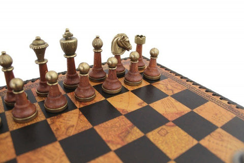 Italfama Chess, Checkers & Backgammon Set Metal/Wood, Faux Leather Board 35cm