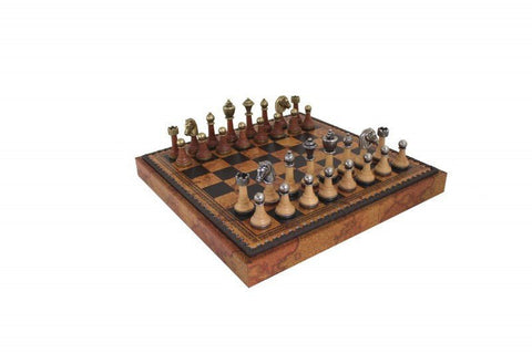 Italfama Chess, Checkers & Backgammon Set Metal/Wood, Faux Leather Board 35cm