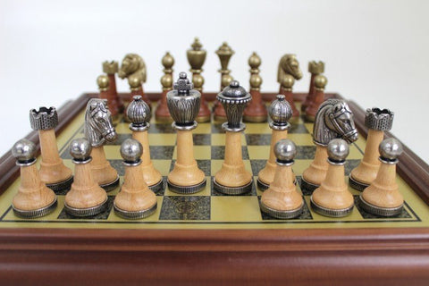 Italian Metal & Wood Chess Set with Brass-Effect Wooden Board, Handmade Italfama