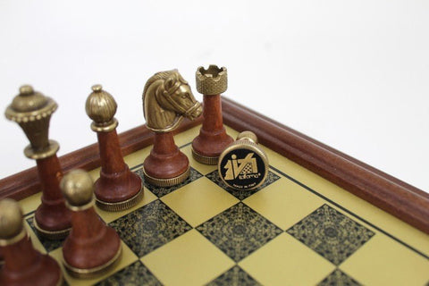 Italian Metal & Wood Chess Set with Brass-Effect Wooden Board, Handmade Italfama