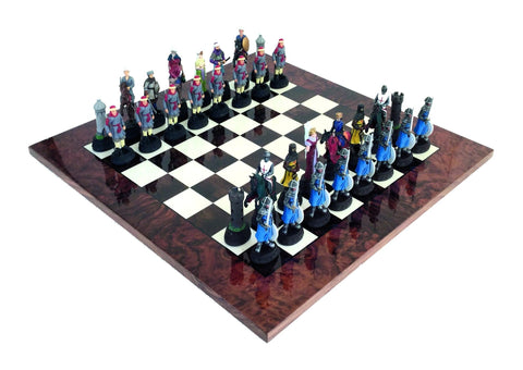Italfama Crusaders Hand-Painted Chess Set, Walnut Burl Board, Made in Italy