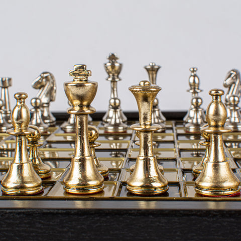 Classic Metal Staunton Chess Set Gold & Silver Chessmen 27Cm Manopoulos Sk32Bro