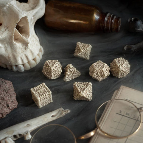 DICE MACABRE SET BEIGE AND BROWN SKULLS 7 DICE RPG PLAYING GAMES Q-WORKSHOP NEW