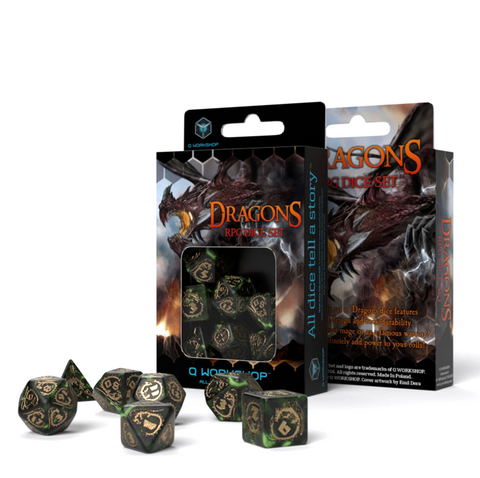 Dragons Rpg Dice Set Bottle Green And Gold Role Playing Games Q-Workshop Dnd NEW