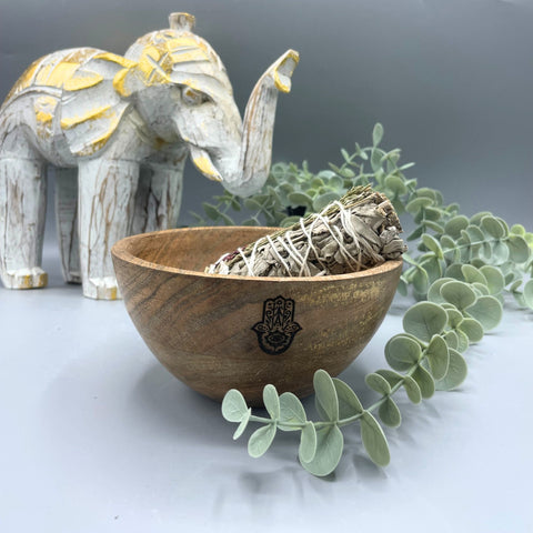 Wooden Smudge and Ritual Offerings Bowl - Hamsa Ancient Wisdom (14x7)