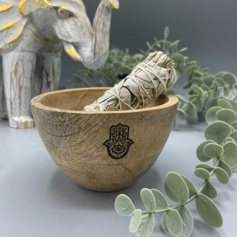 Wooden Smudge and Ritual Offerings Bowl - Hamsa Ancient Wisdom (12x7)