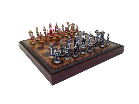 Italfama Mary Stuart Metal Chess Set, Faux Leather Board, Backgammon & Checkers