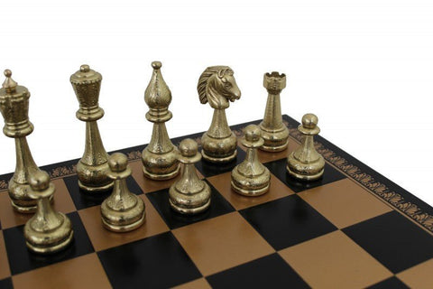 Italfama Handmade Metal Chess Set, Gold/Silver, Black/Gold Faux Leather Board
