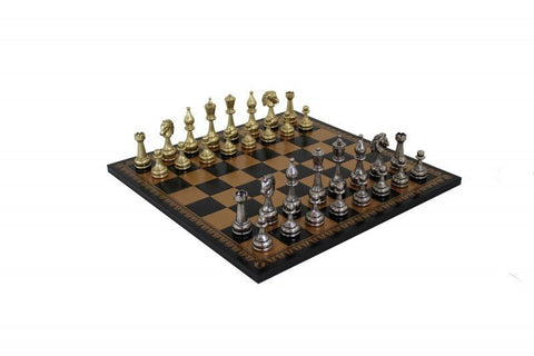 Italfama Handmade Metal Chess Set, Gold/Silver, Black/Gold Faux Leather Board