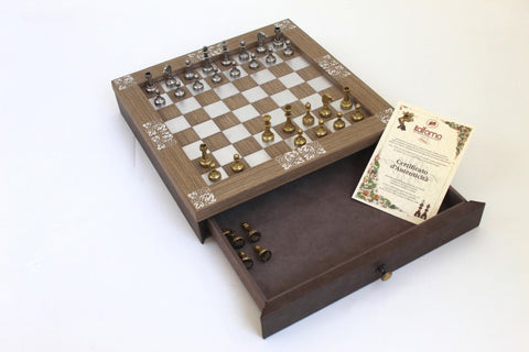 Italfama Handcrafted Metal Chess Set, Gold/Silver Plated 35cm Board with Drawer