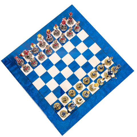 Italfama Renaissance Chess Set, Hand-Painted Metal Pieces, Blue Yew Wood Board