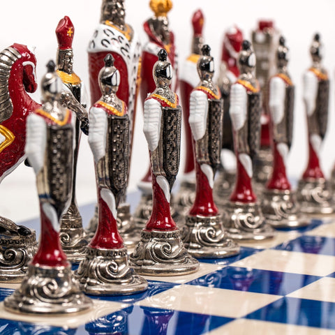 Italfama Renaissance Chess Set, Hand-Painted Metal Pieces, Blue Yew Wood Board