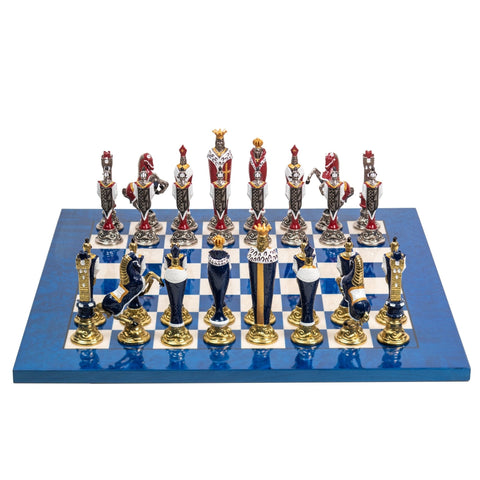Italfama Renaissance Chess Set, Hand-Painted Metal Pieces, Blue Yew Wood Board