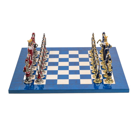 Italfama Renaissance Chess Set, Hand-Painted Metal Pieces, Blue Yew Wood Board