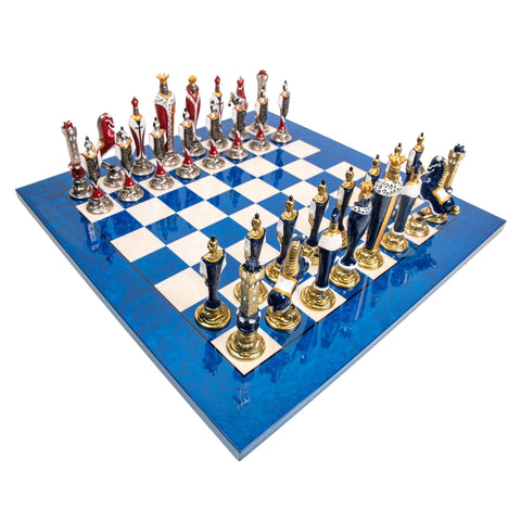 Italfama Renaissance Chess Set, Hand-Painted Metal Pieces, Blue Yew Wood Board
