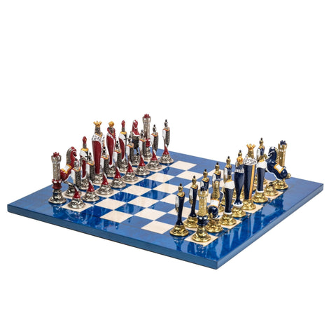 Italfama Renaissance Chess Set, Hand-Painted Metal Pieces, Blue Yew Wood Board