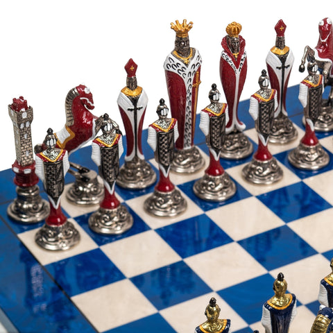 Italfama Renaissance Chess Set, Hand-Painted Metal Pieces, Blue Yew Wood Board
