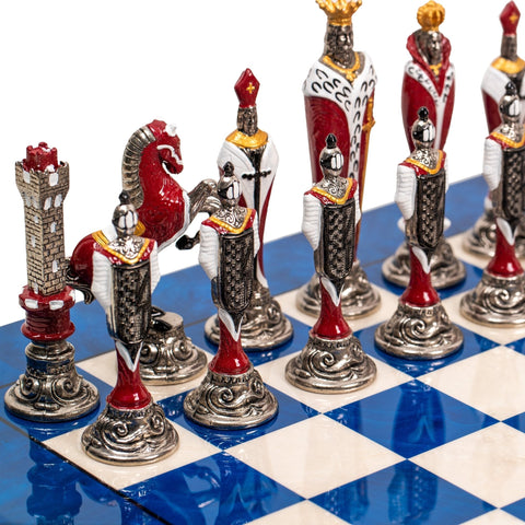 Italfama Renaissance Chess Set, Hand-Painted Metal Pieces, Blue Yew Wood Board