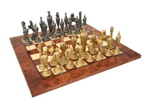 Italfama Renaissance Handcrafted Metal Chess Set, Gold/Silver, Elm Board Italy