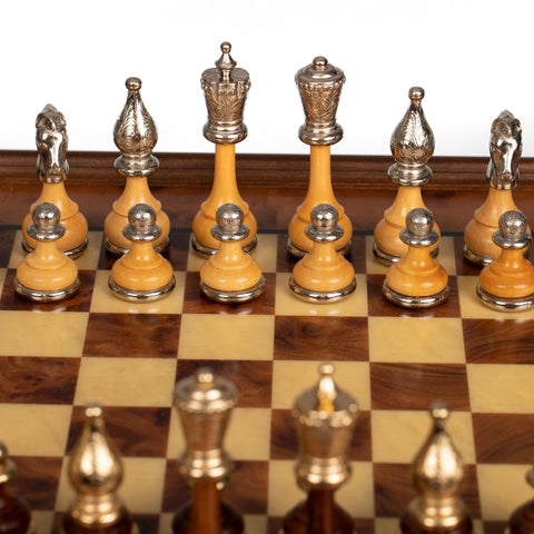 Italfama Metal Chess Set Gold/Silver Plated Elm Wood Board with Drawer Handmade
