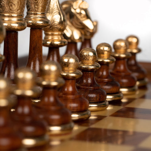 Italfama Metal Chess Set Gold/Silver Plated Elm Wood Board with Drawer Handmade