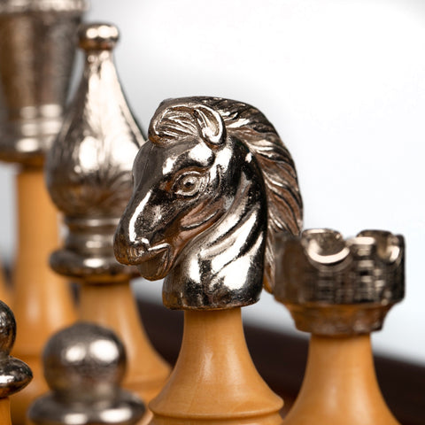 Italfama Metal Chess Set Gold/Silver Plated Elm Wood Board with Drawer Handmade