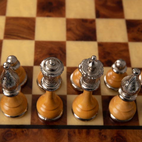 Italfama Metal Chess Set Gold/Silver Plated Elm Wood Board with Drawer Handmade