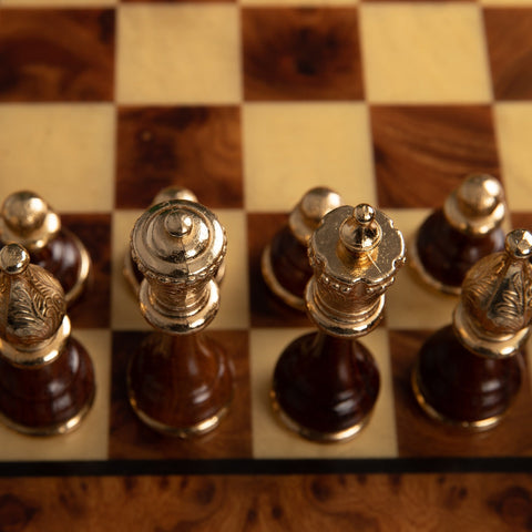 Italfama Metal Chess Set Gold/Silver Plated Elm Wood Board with Drawer Handmade