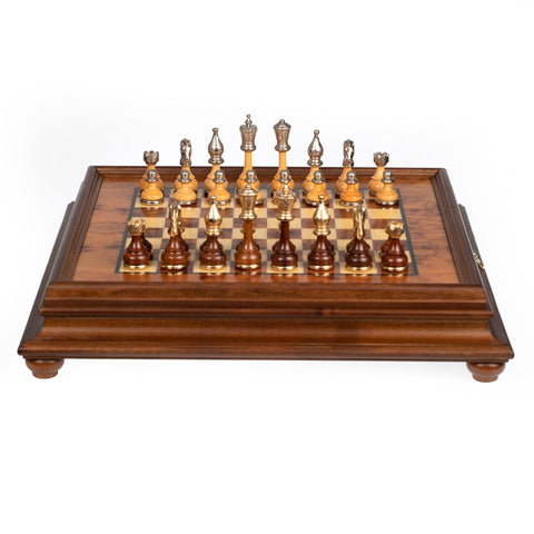 Italfama Metal Chess Set Gold/Silver Plated Elm Wood Board with Drawer Handmade