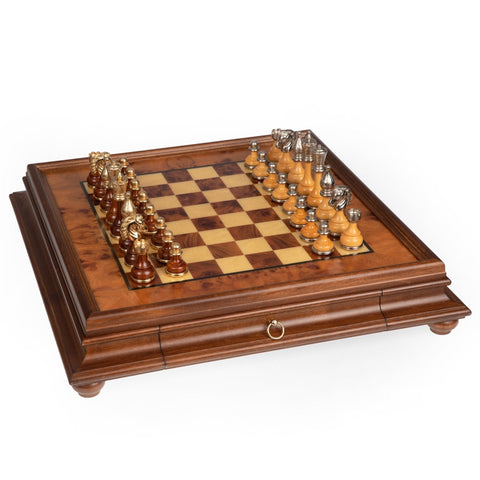 Italfama Metal Chess Set Gold/Silver Plated Elm Wood Board with Drawer Handmade